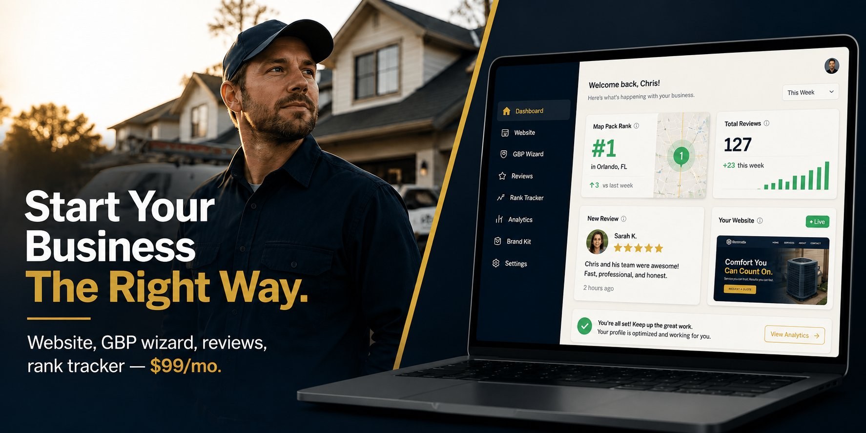 Everything a new contractor needs to launch and grow — website, GBP wizard, reviews, rank tracker.