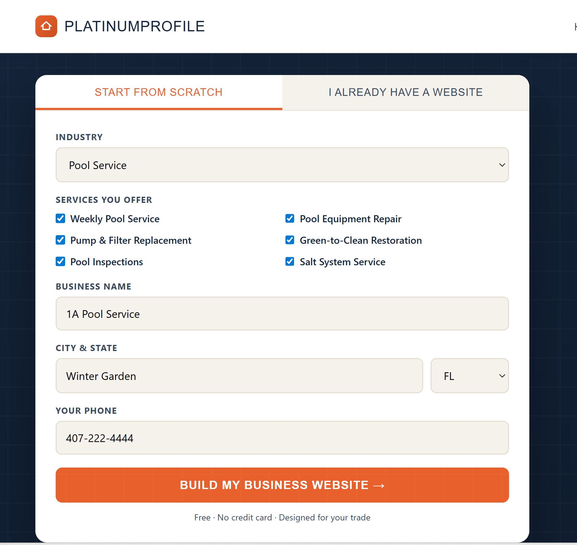 PlatinumProfile intake form — pick your trade, services, business name, and city.