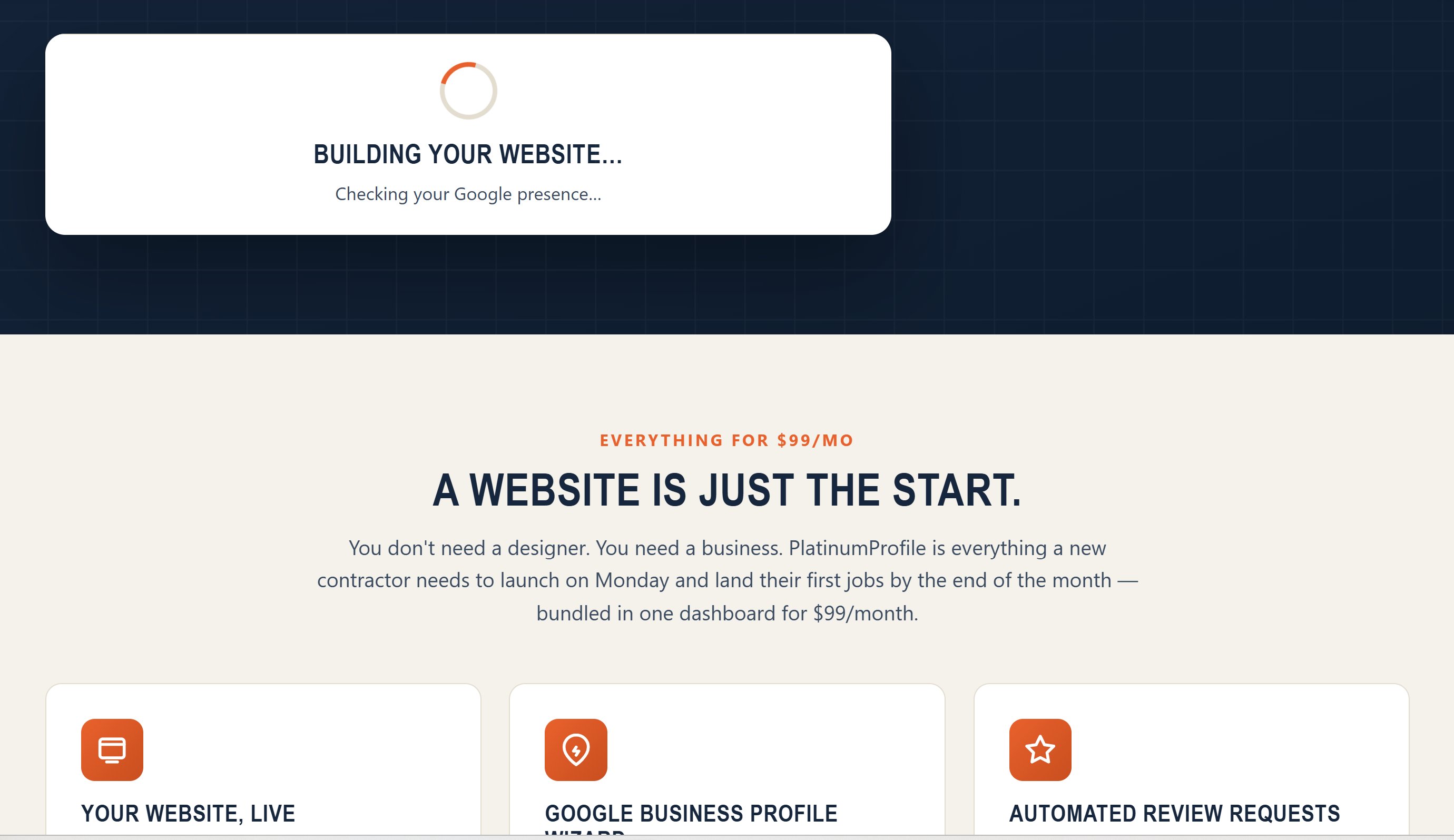 PlatinumProfile building your website — checking your Google presence, writing your content, designing your pages.