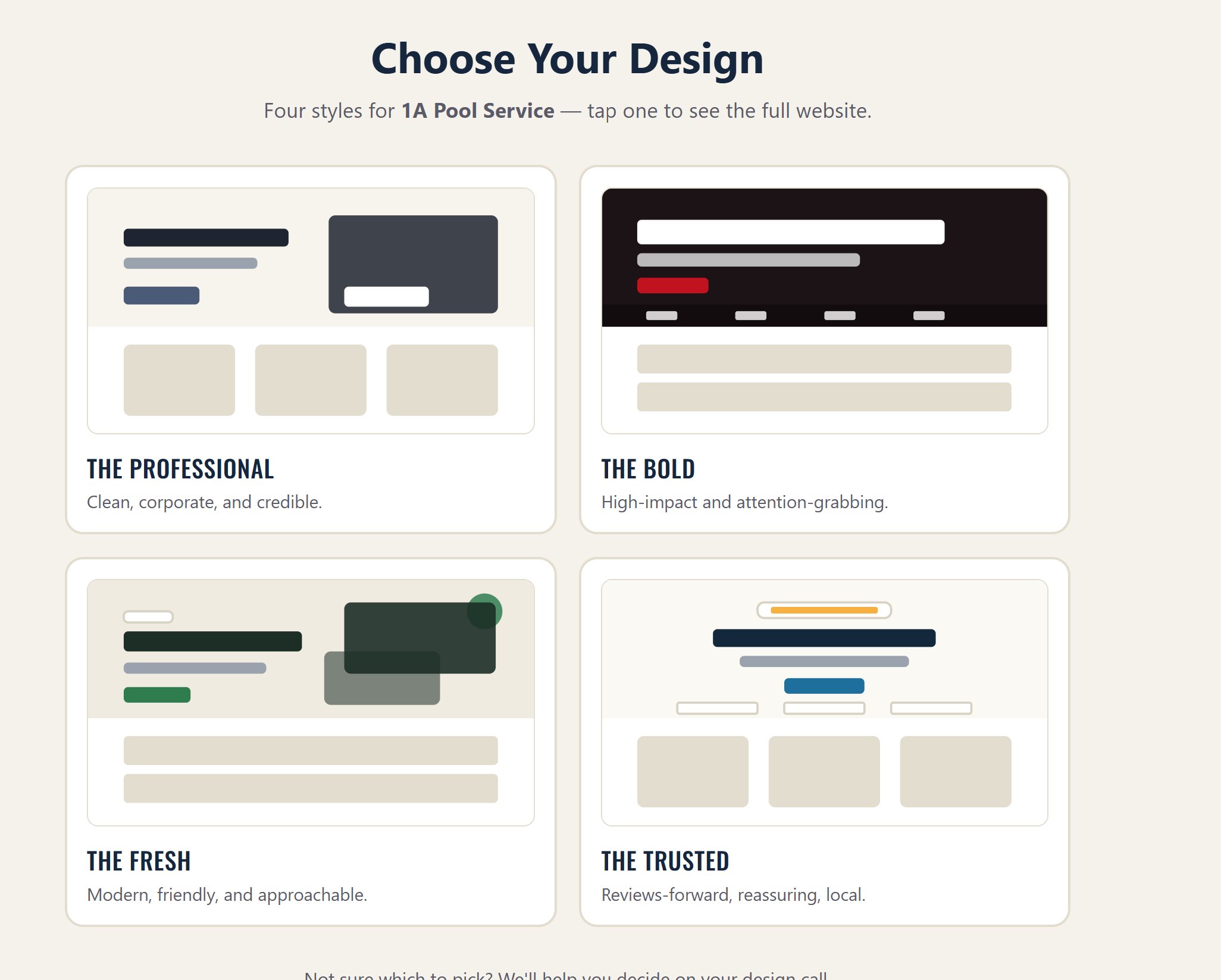 Choose your design — four styles for your business: Professional, Bold, Fresh, Trusted.