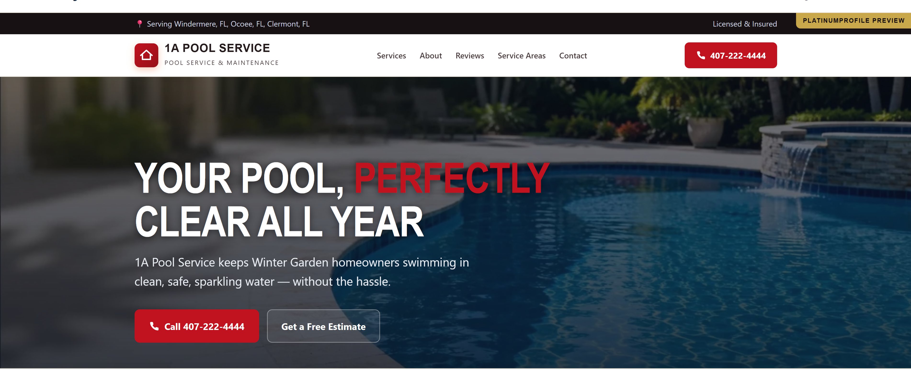 Your actual generated website — live preview with your business name, city, services, and phone.